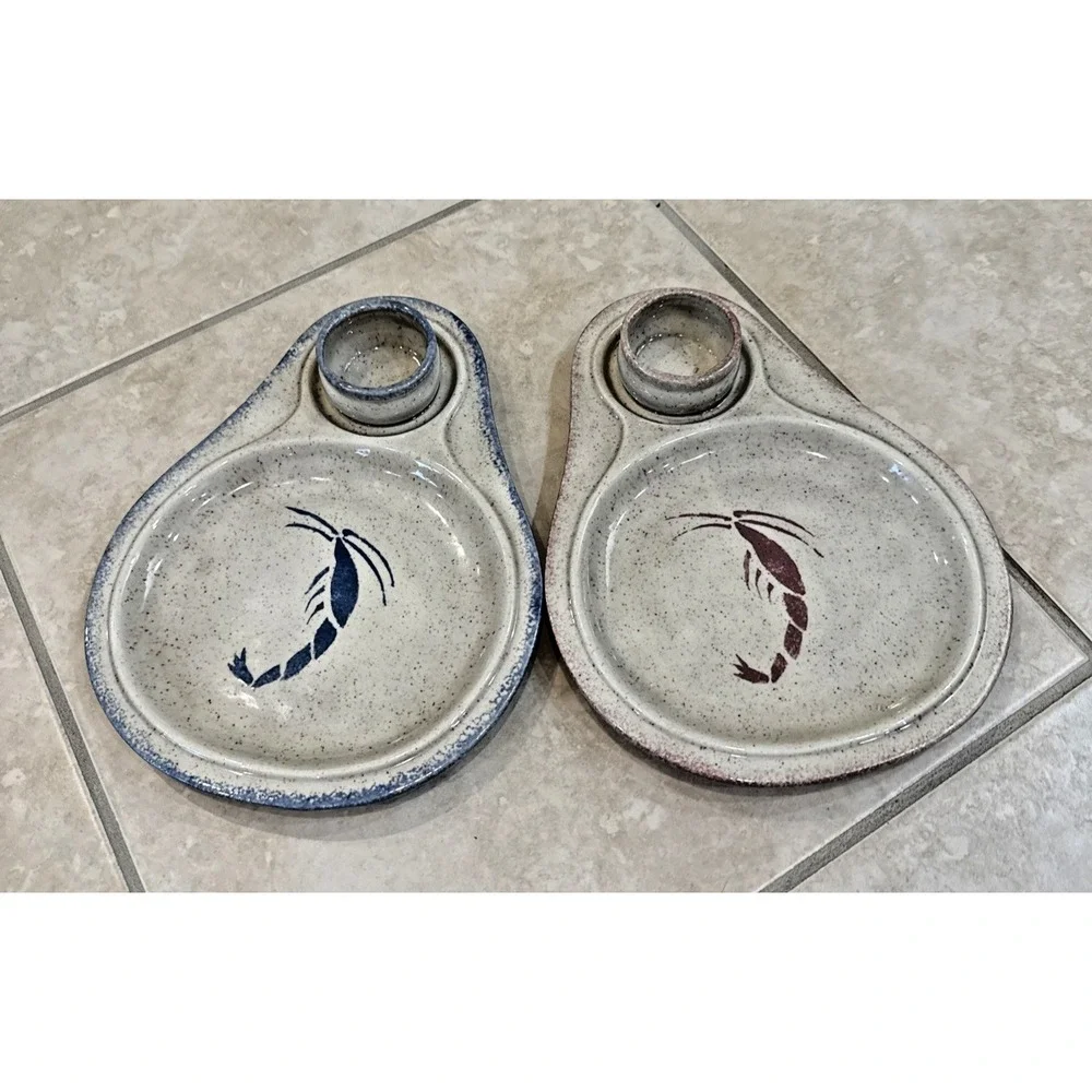 Pottery Shrimp Chip & Attached Dip Snack Platter Tray Plate Bowl Dish Nautical**